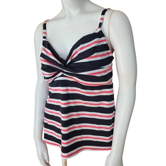 Pure Paradise Pink, Black, & White Striped Tankini Top (38D) - Picture 1 of 5